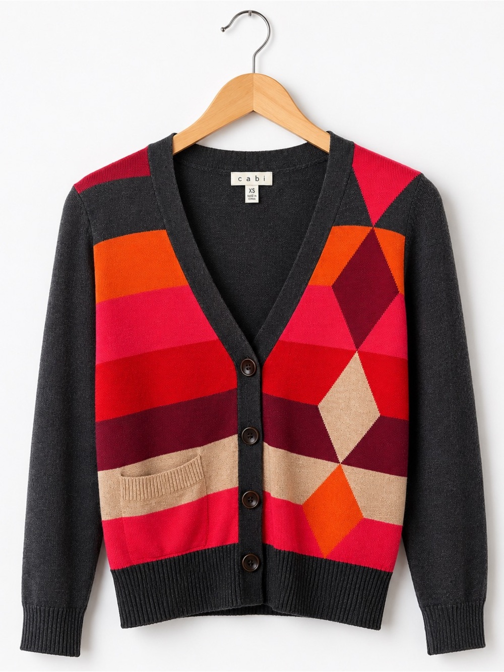CAbi Geometric Colorblock Cardigan - Charcoal, Red, Pink, Orange, Tan - Picture 2 of 5